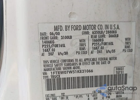 2001 Ford F-150 Harley-Davidson Edition/King Ranch Edition/Lariat/Xlt из США, поврежденный, VIN 1FTRW07W51KE31066